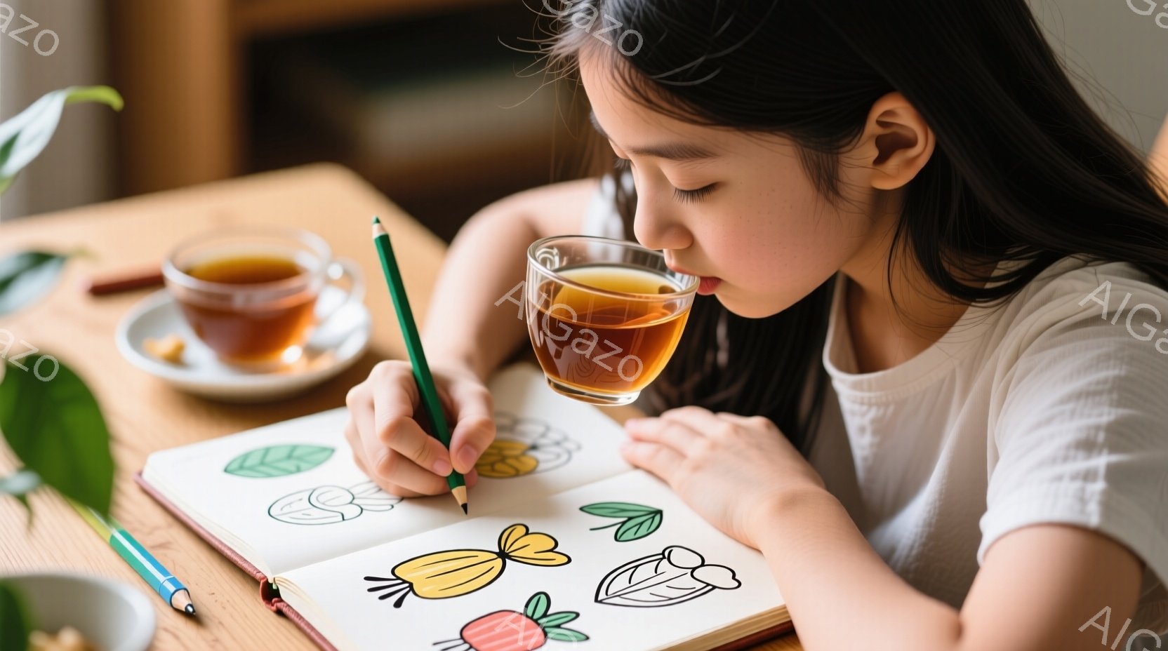 若い女性が木製のテーブルでスケッチブックに集中して絵を描いている。彼女は白いTシャツを着ており、長い黒髪は後ろで結ばれている。テーブルの上には、彼女が描いている植物のスケッチ、鉛筆、そして紅茶が入ったグラスとカップが置かれている。