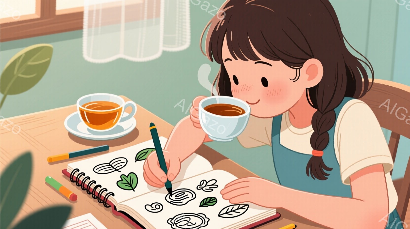 茶色の髪を二つ編みにした若い女性が、テーブルに向かってスケッチブックにペンで葉っぱのイラストを描いています。彼女は明るいブルーのオーバーオールを着ており、頬は少し赤らんでいます。背景には窓と観葉植物が見え、暖かい日差しが差し込んでおり、リラックスした穏やかな雰囲気が漂っています。