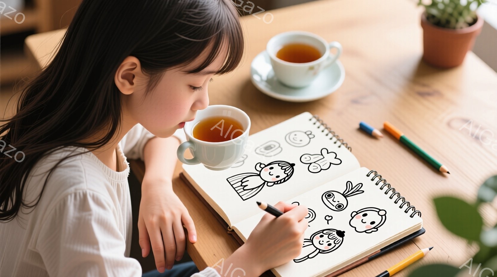 茶色の髪を肩まで伸ばした少女が、スケッチブックに向かって何かを描いている。オフホワイトのセーターを着ており、集中した表情で顔を近づけています。テーブルの上には温かいお茶の入ったカップと数本のカラフルな色鉛筆が置かれ、背後には緑色の植物が見え、温かく穏やかな雰囲気が漂っています。
