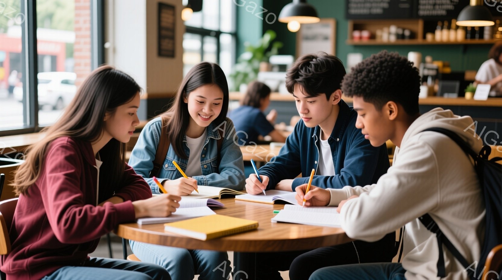 4人の若い学生がカフェの丸いテーブルを囲んで勉強している様子が写っている。女性は赤いシャツとジーンズを着用し、長い髪を肩から垂らしている。男性たちはそれぞれデニムのシャツと白いシャツを着ており、ノート - AI生成フリー素材