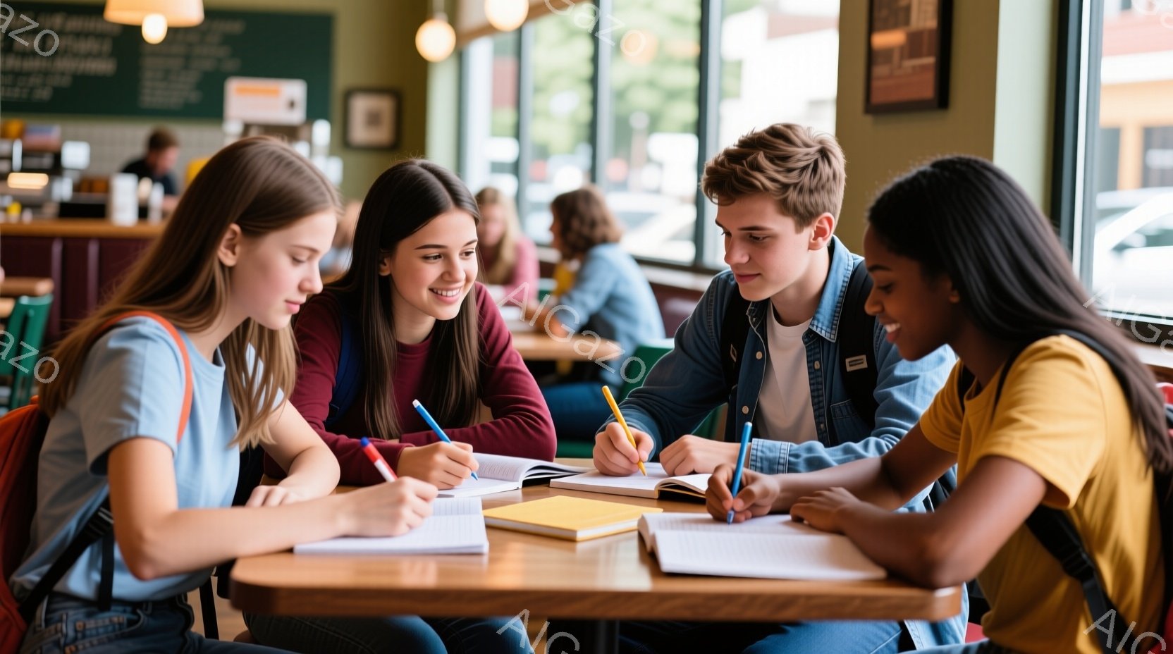4人の若い学生がカフェのような場所でテーブルを囲み、勉強しています。彼らはそれぞれノートとペンを持っており、集中して課題に取り組んでいる様子です。カフェの背景には他の客が見え、外は晴れた日であり、活気 - AI生成フリー素材