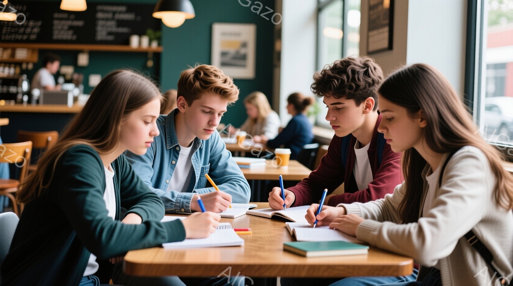 ４人の若い学生が、カフェのような場所でテーブルを囲んで勉強している様子が写っている。彼らはそれぞれノートとペンを持ち、集中した表情で書き込んでいる。背景には他の客やカフェのカウンター、そして窓から見え - AI生成フリー素材