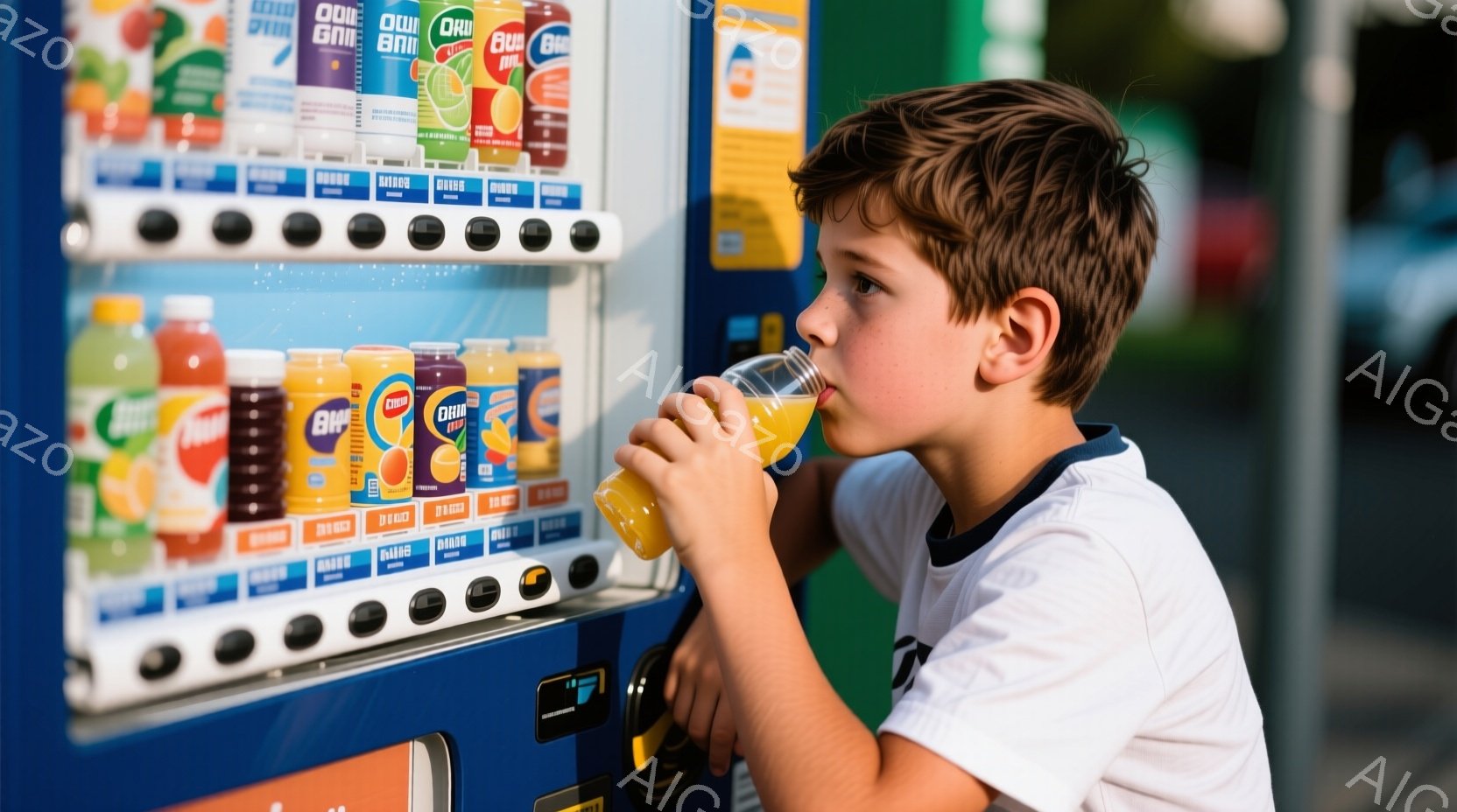 若い少年が自販機からオレンジジュースを飲んでいます。彼は白い縞模様のTシャツを着ており、茶色の髪は短く整えられています。自販機は青色で様々な種類のジュースが並んでおり、背景はぼやけていますが、晴れた日の屋外であると推測できます。