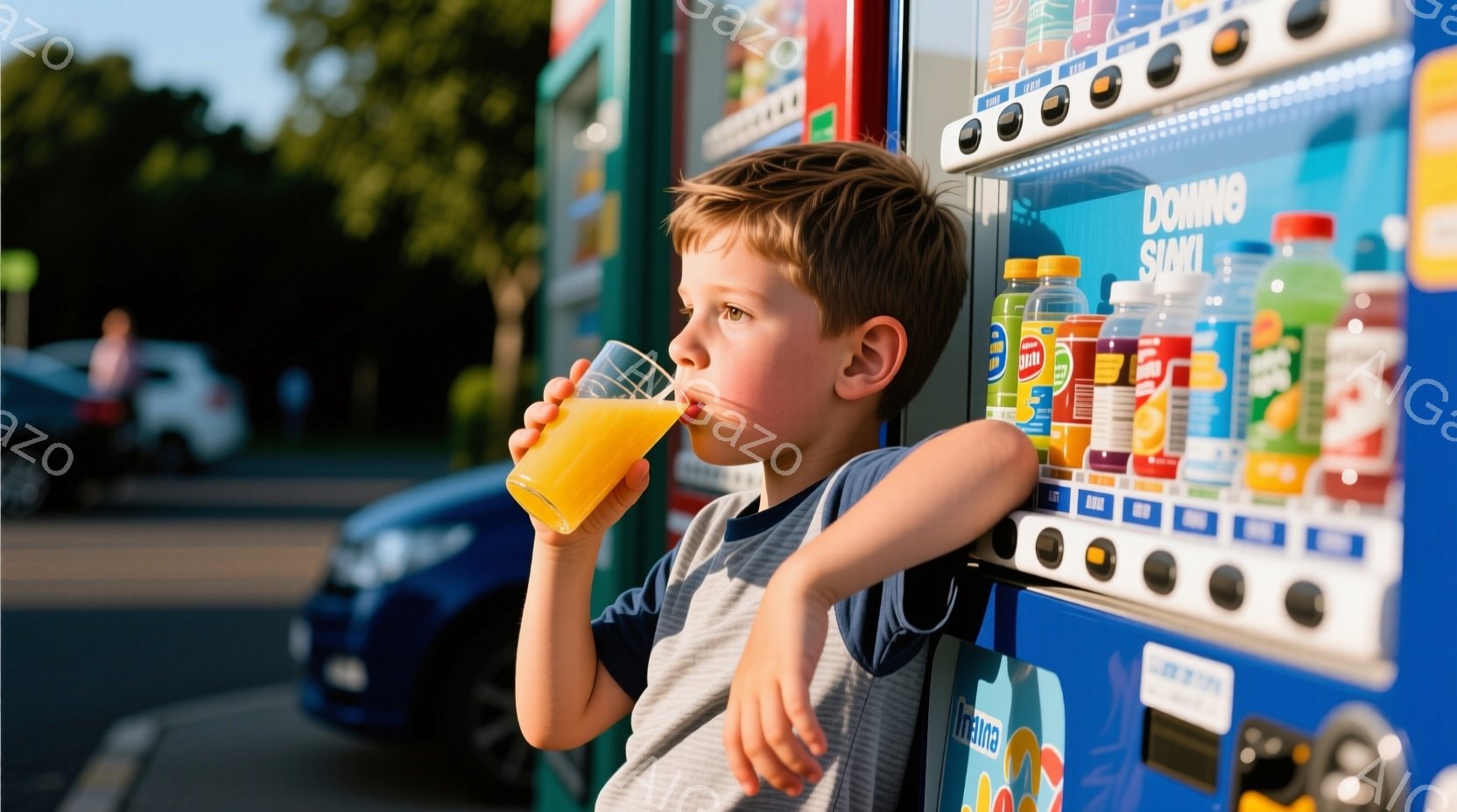 少年は自動販売機にもたれかかり、オレンジジュースが入ったグラスを手に持っています。彼は短い茶色の髪をしており、少し真剣な表情で飲み物を楽しんでいます。背景には他の自動販売機と車が見え、晴れた日の穏やかな雰囲気を感じさせます。