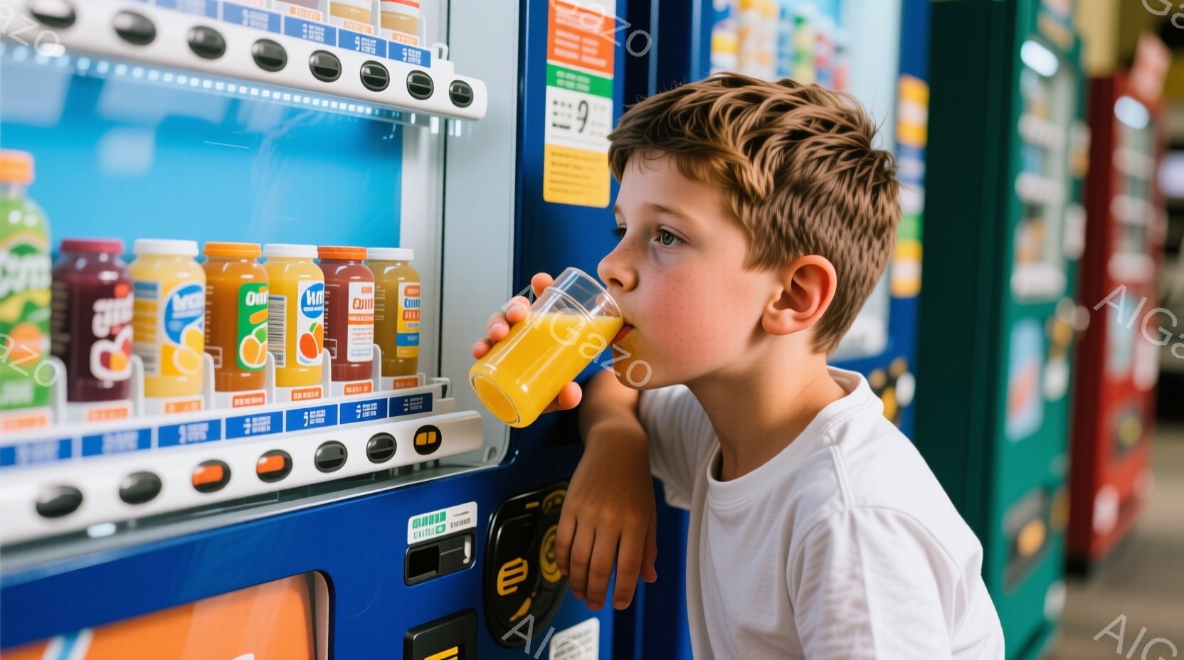 茶髪の少年が自動販売機からオレンジジュースを飲んでいる様子が写っています。少年は白いTシャツを着ており、やや横を向いて楽しそうに飲み物を味わっています。背景には、様々な種類のジュースが並んだ自動販売機が見え、明るく活気のある雰囲気です。