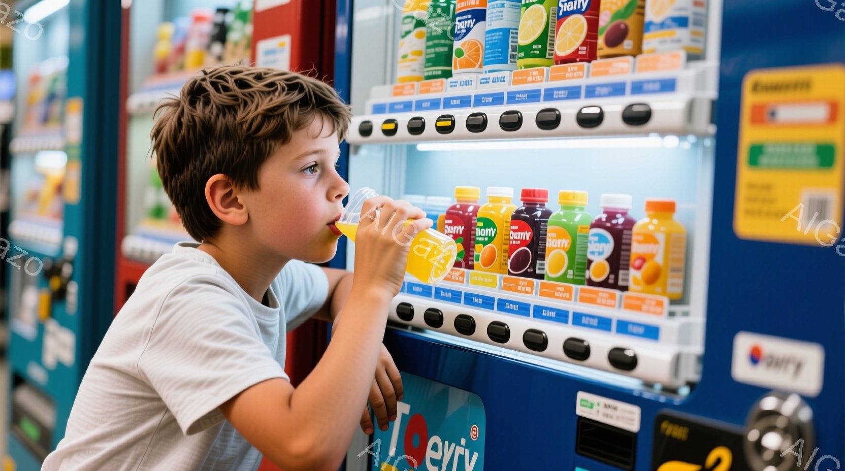茶髪の少年が自動販売機からオレンジジュースを飲んでいます。彼は青いTシャツを着ており、顔には満足そうな表情が見られます。自動販売機には様々な種類のジュースが並んでおり、背景は明るく、商業施設のような雰囲気です。