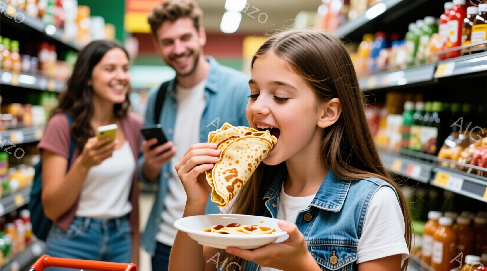 少女は店内でクレープを美味しそうに頬張っており、笑顔で目を細めています。彼女は白いTシャツにデニムのベストを着ており、髪は長く、自然なカールがかかっています。背景には、商品を並べた棚と、スマートフォン - AI生成フリー素材