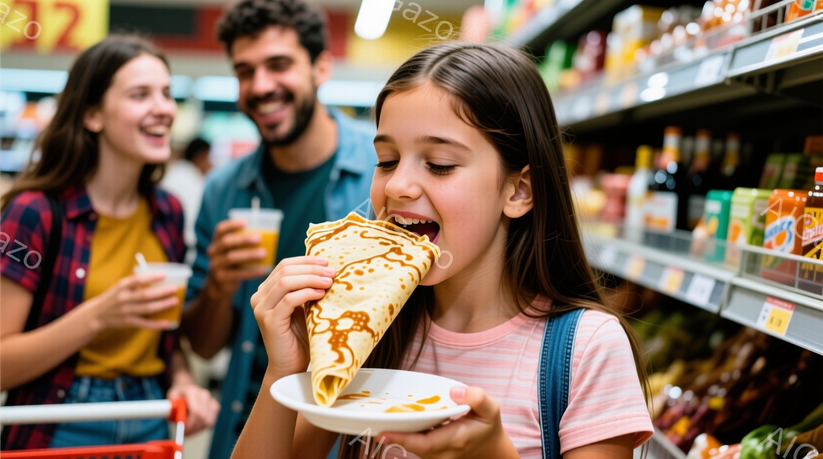 少女はクレープを美味しそうに頬張っており、大きな笑顔を浮かべています。彼女はピンク色のTシャツを着ており、長い髪は後ろで結ばれています。背景には、食料品店の棚が並び、家族が買い物を楽しんでいる様子がうかがえます。