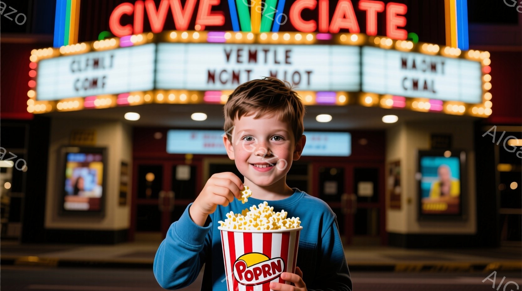 少年は青いセーターを着て、大きなポップコーンの容器を持ってカメラに向かって笑顔で立っています。彼は茶色の髪をしており、目元には笑顔が広がっています。背景には映画館の看板が光り、赤いカーペットが敷かれ、映画鑑賞の雰囲気が漂っています。