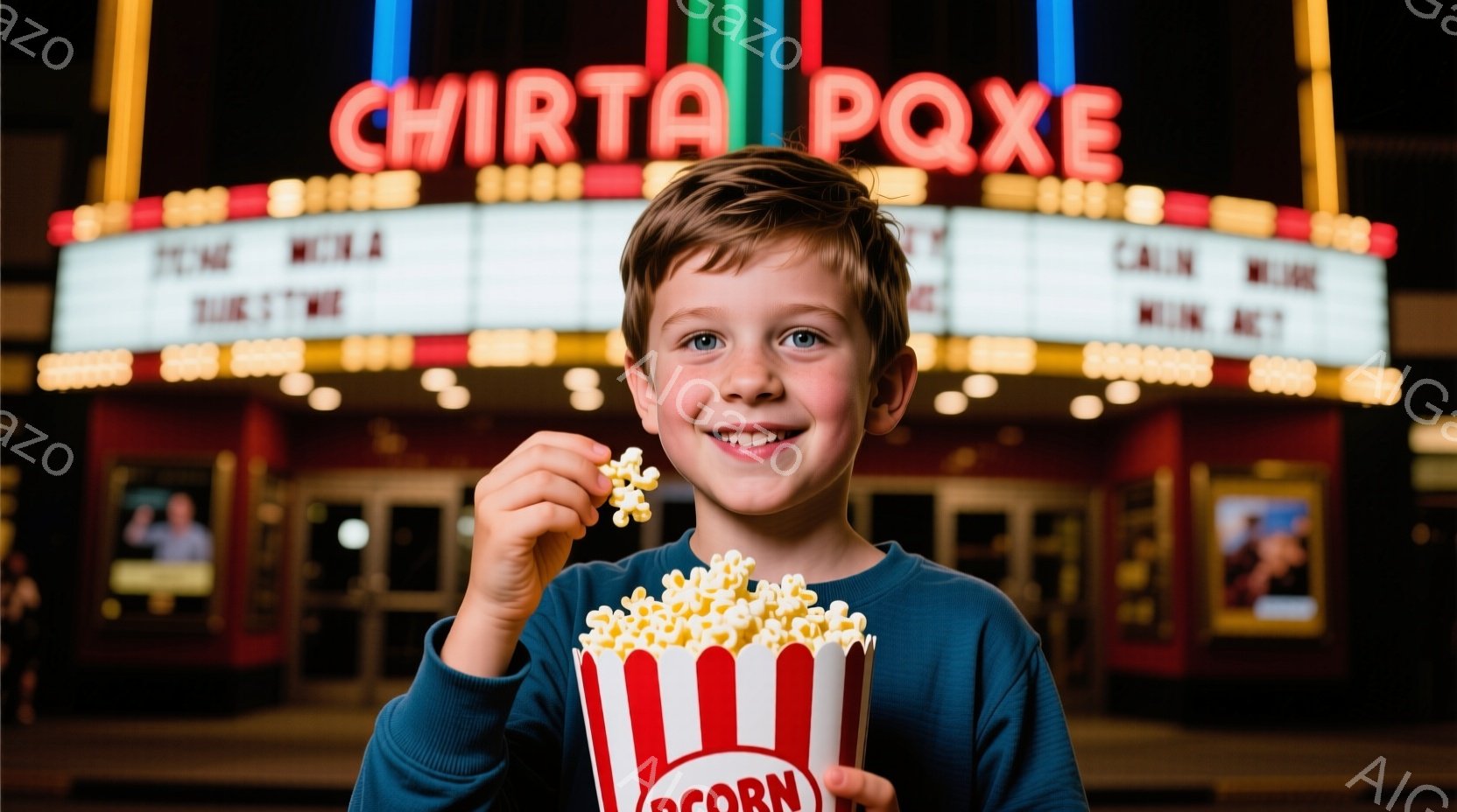 この少年は、赤いストライプの入った大きなポップコーンの容器を持って、カメラに向かって笑顔でポーズをとっています。彼は青いセーターを着ており、短く明るい茶色の髪をしています。背景には映画館の外観が見え、ネオンライトが点滅しており、活気に満ちた夜の雰囲気を醸し出しています。