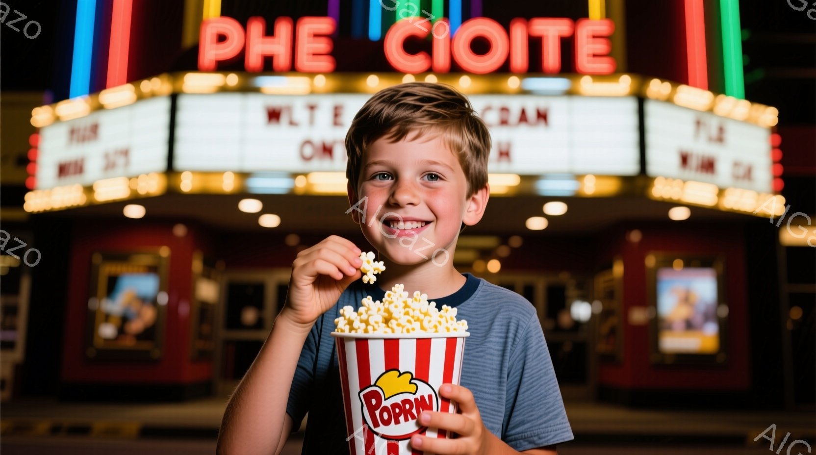 少年は映画館の前で、真っ赤なストライプのポップコーンのバケツを手に微笑んでいます。彼は灰色のTシャツを着ており、ブロンドの短い髪をしています。背景には、光る映画館の看板があり、鮮やかな色と活気のある雰囲気を作り出しています。