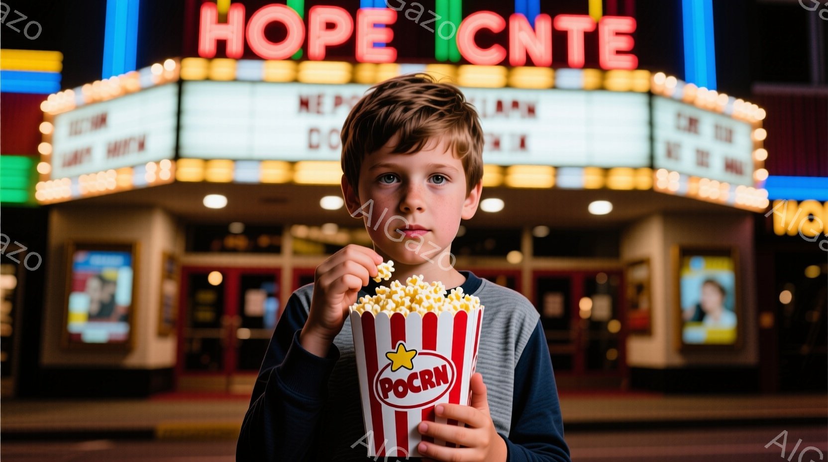 若い少年が映画館の前でポップコーンの入った赤い縞模様の容器を持っています。彼は青いセーターを着ており、少し困ったような、または考え込んでいるような表情をしています。背景には、光り輝くネオンサインと映画のポスターが見え、夜の映画館の活気ある雰囲気が伝わってきます。