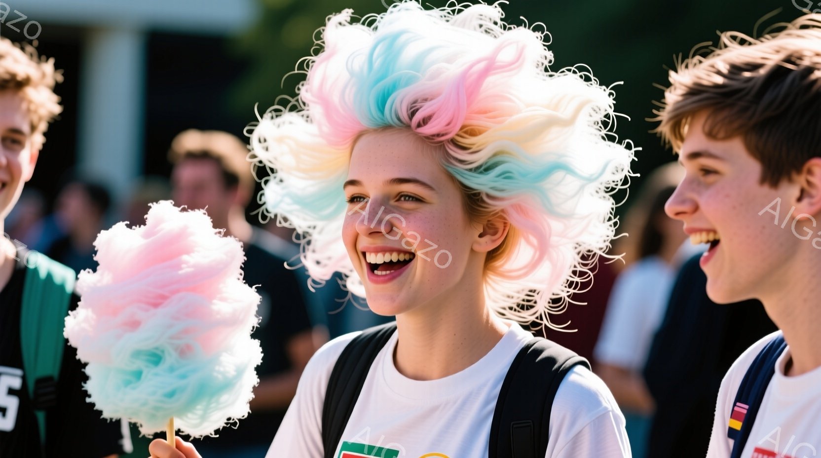 若い女性がカラフルな綿あめを持って笑顔でカメラを見ている。彼女は白と緑のTシャツに黒いストラップのバッグを背負い、ピンクと水色のカールしたウィッグをつけている。背景には他の人々や建物が見え、晴れた日の - AI生成フリー素材