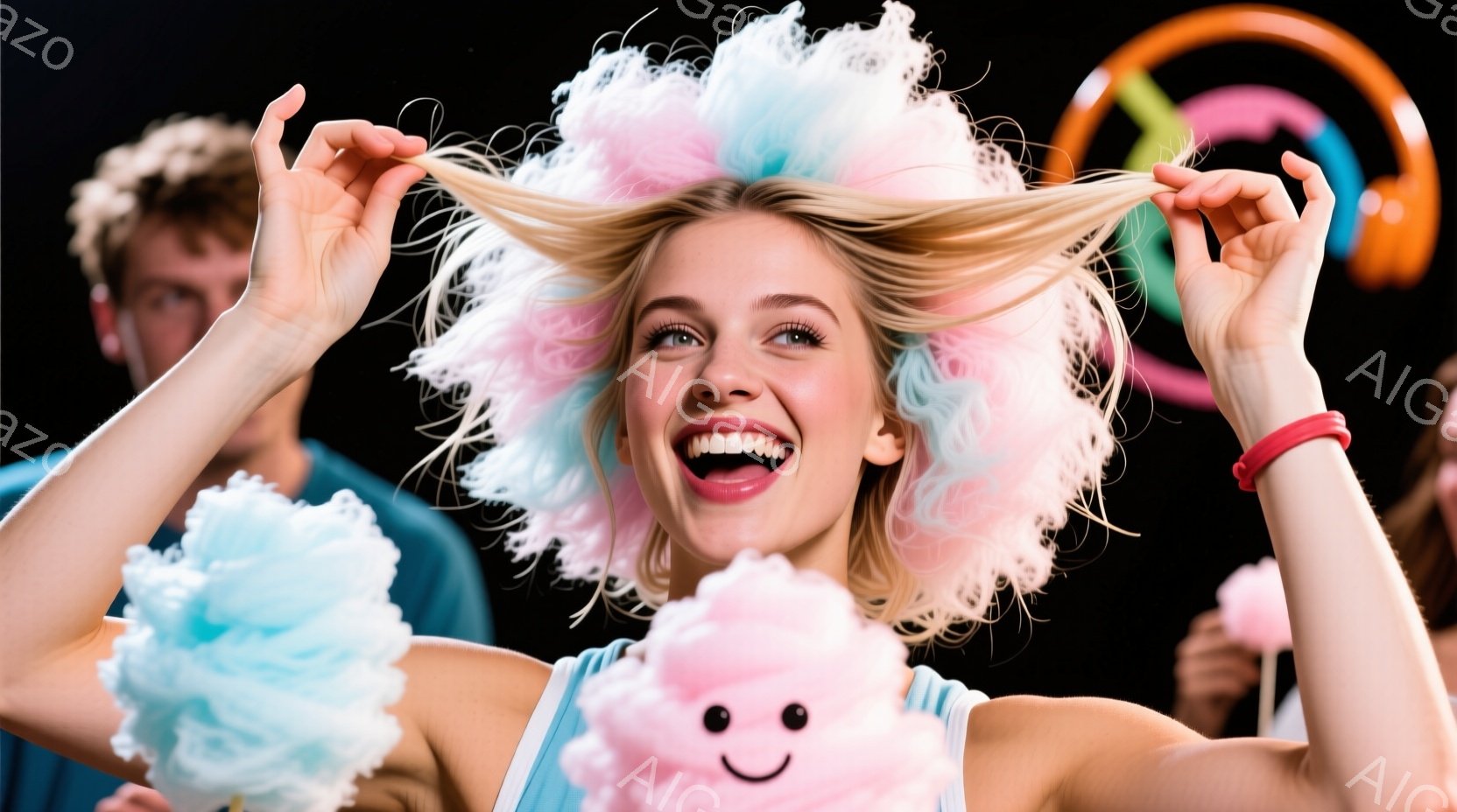 明るいピンクと水色のわたあめのような髪の女性が、笑顔で両手を挙げています。彼女は肩出しの白いトップスを着ており、片手に笑顔のわたあめを持っています。背景は暗く、カラフルな光のアーチと他の人物が見え、お祭りや遊園地のような楽しげな雰囲気が漂っています。