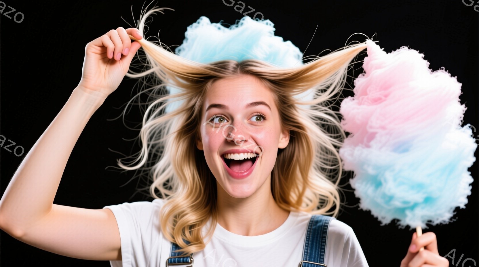 金髪の女性が、歓喜に満ちた表情で綿あめを両手に掲げています。白いTシャツにオーバーオール姿で、髪は無造作にふわふわと広がっています。背景は真っ黒で、彼女と綿あめのコントラストが強調され、明るく楽しい雰囲気を醸し出しています。