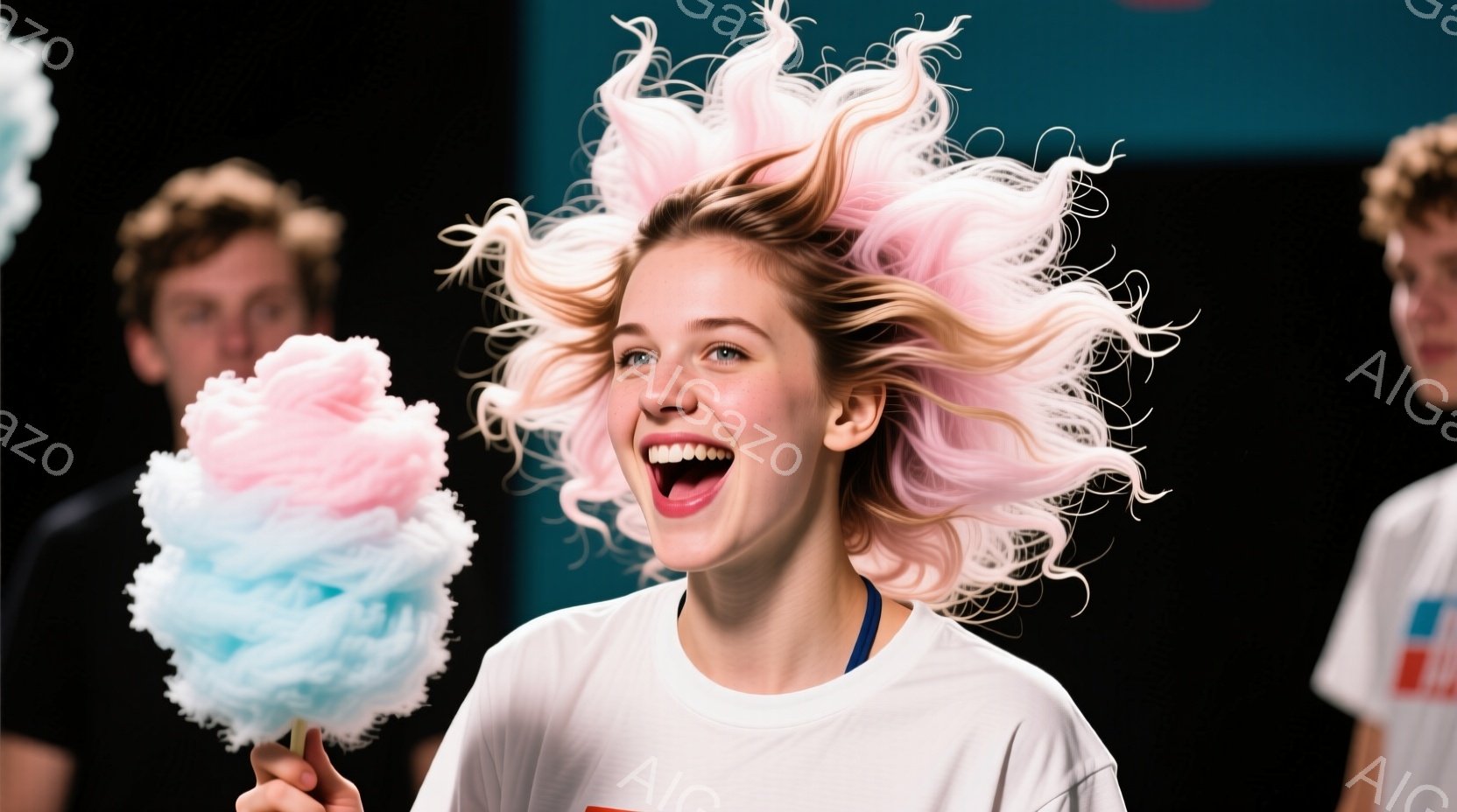 若い女性が鮮やかなピンク色の髪を空中に舞わせ、楽しそうに笑っています。彼女は白いTシャツを着ており、片手に青とピンクの綿菓子を持っています。背景は暗く、他の人物がぼやけていますが、全体的に明るく遊び心のある雰囲気が漂っています。