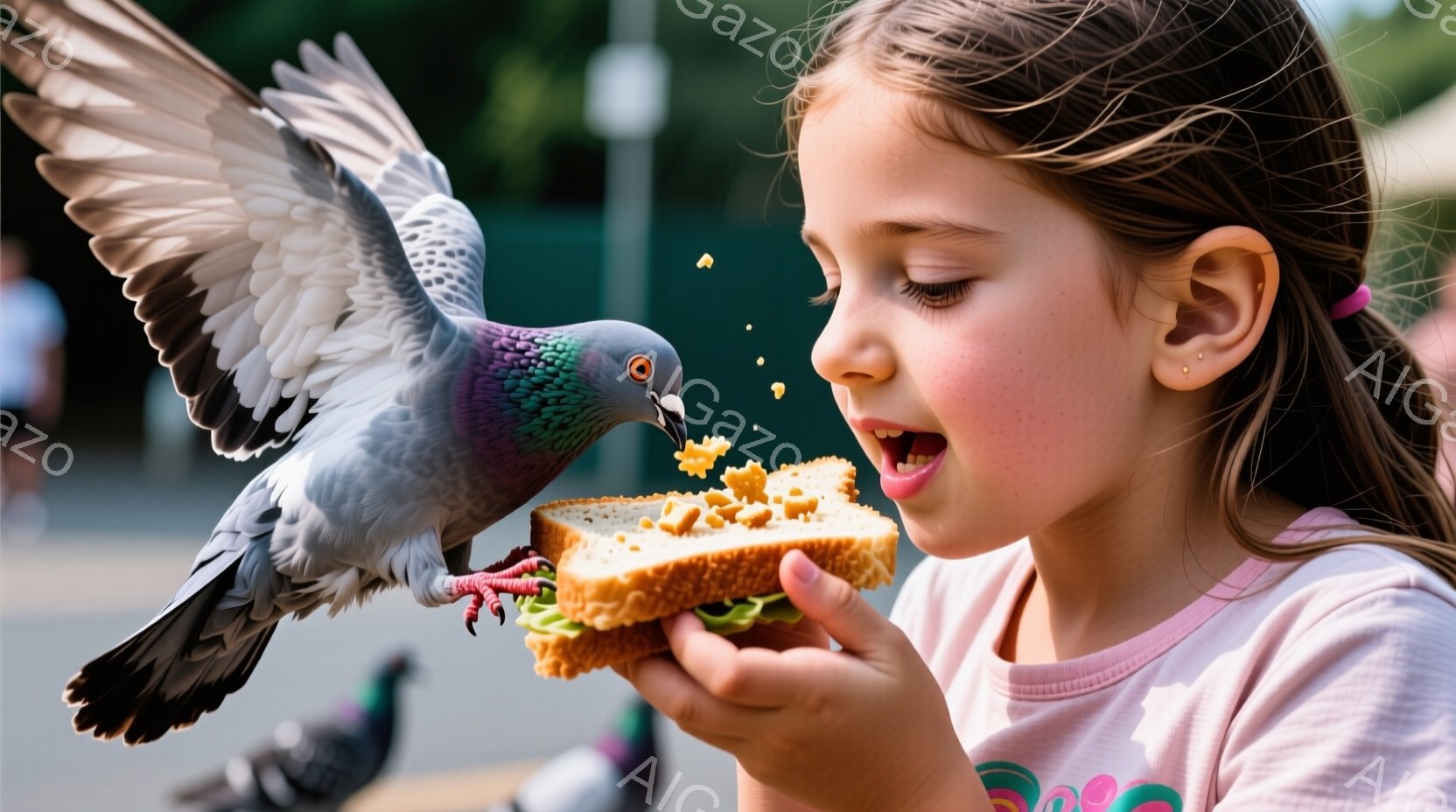 日当たりの良い公園で、少女がサンドイッチをハトに分けている様子が写っている。彼女はピンク色のTシャツを着ており、髪は後ろで結ばれている。少女は喜びを隠せない表情で、ハトがサンドイッチを食べる様子を間近で見守っている。