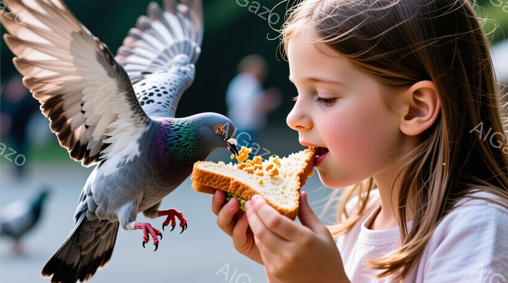 金髪をポニーテールにした少女がサンドイッチを食べている途中で、羽ばたく鳩がサンドイッチに近づいている。背景は緑豊かな自然で、ぼやけた建物が見え、晴れた日の穏やかな雰囲気が感じられる。少女は微笑んでおり、鳩との遊び心のある瞬間を捉えている。