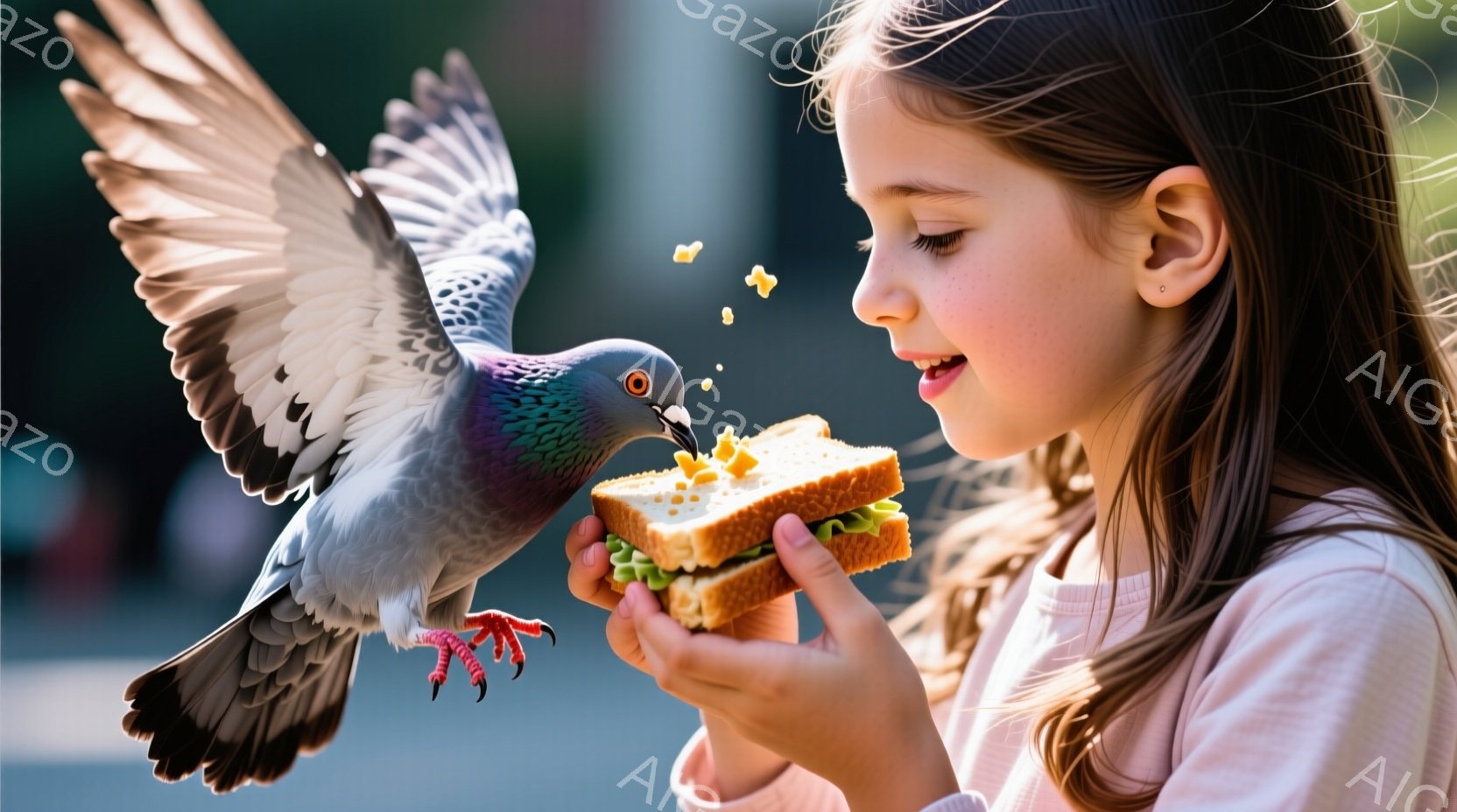 少女はサンドイッチを手に持ち、嬉しそうに微笑んでいます。鳩がサンドイッチに飛びつき、食べようとしている瞬間が捉えられています。背景はぼやけていますが、建物が見え、晴れた日の公園のような雰囲気です。