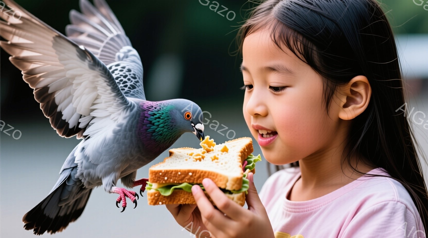 茶色と緑が混ざった羽を持つハトが、サンドイッチを手に持った少女の顔のすぐ近くで食事をしようとしています。少女はピンク色のTシャツを着ており、長い黒髪は肩から下がっています。背景はぼやけており、緑豊かな - AI生成フリー素材