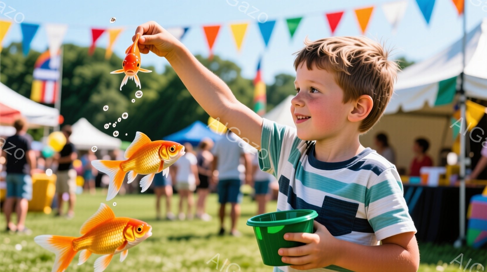 金髪の少年が、金魚を手に掲げ、楽しそうに微笑んでいます。彼は緑と白の縞模様のシャツを着ており、背景には緑の芝生、カラフルな旗、そしてぼやけた人々の姿が見えます。晴れた日の屋外イベントのような、明るく活気のある雰囲気です。