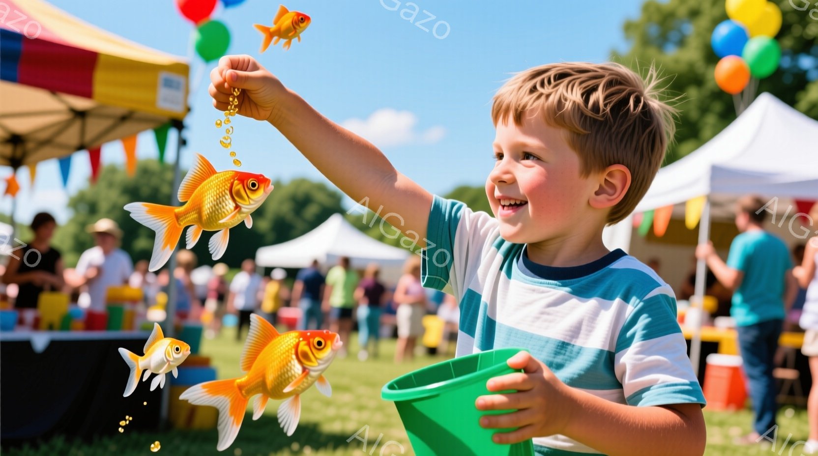 金髪の少年が、緑色のバケツから金魚を数匹空中に放っています。少年は縞模様の青白いTシャツを着て、満面の笑みを浮かべ、生き生きとした表情をしています。背景には、テントや人々が見え、青空の下、楽しげな屋外 - AI生成フリー素材