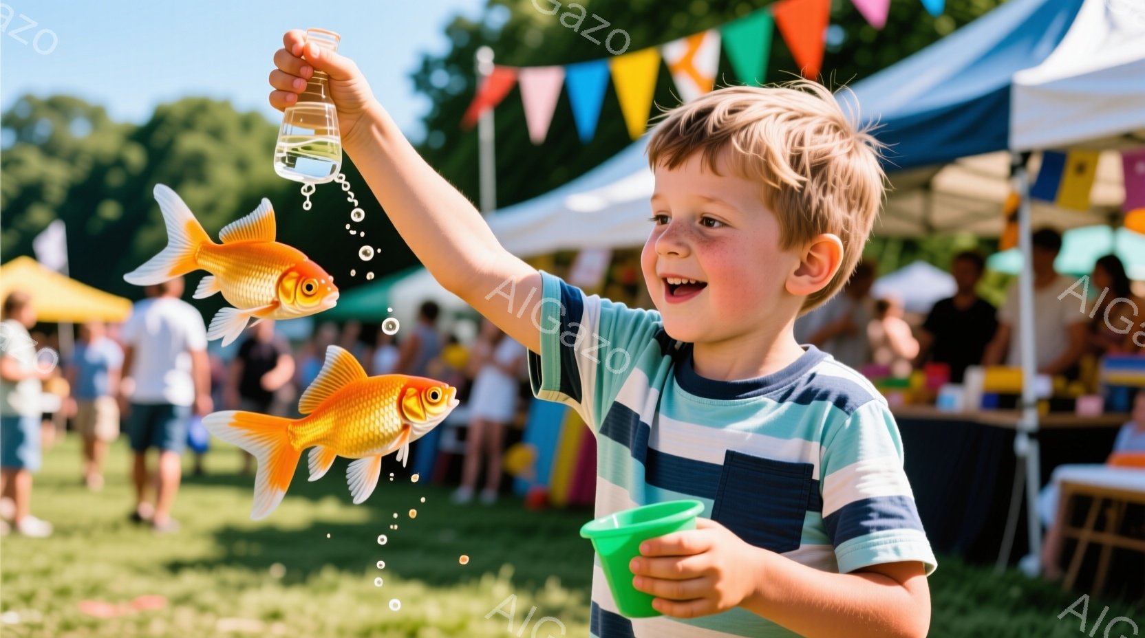 金色のコイが二匹、少年が持っている容器から飛び出そうとしており、少年は嬉しそうに笑っています。少年はストライプの青いシャツを着ており、髪は明るい色で短く切られています。背景には、イベント会場のような屋 - AI生成フリー素材