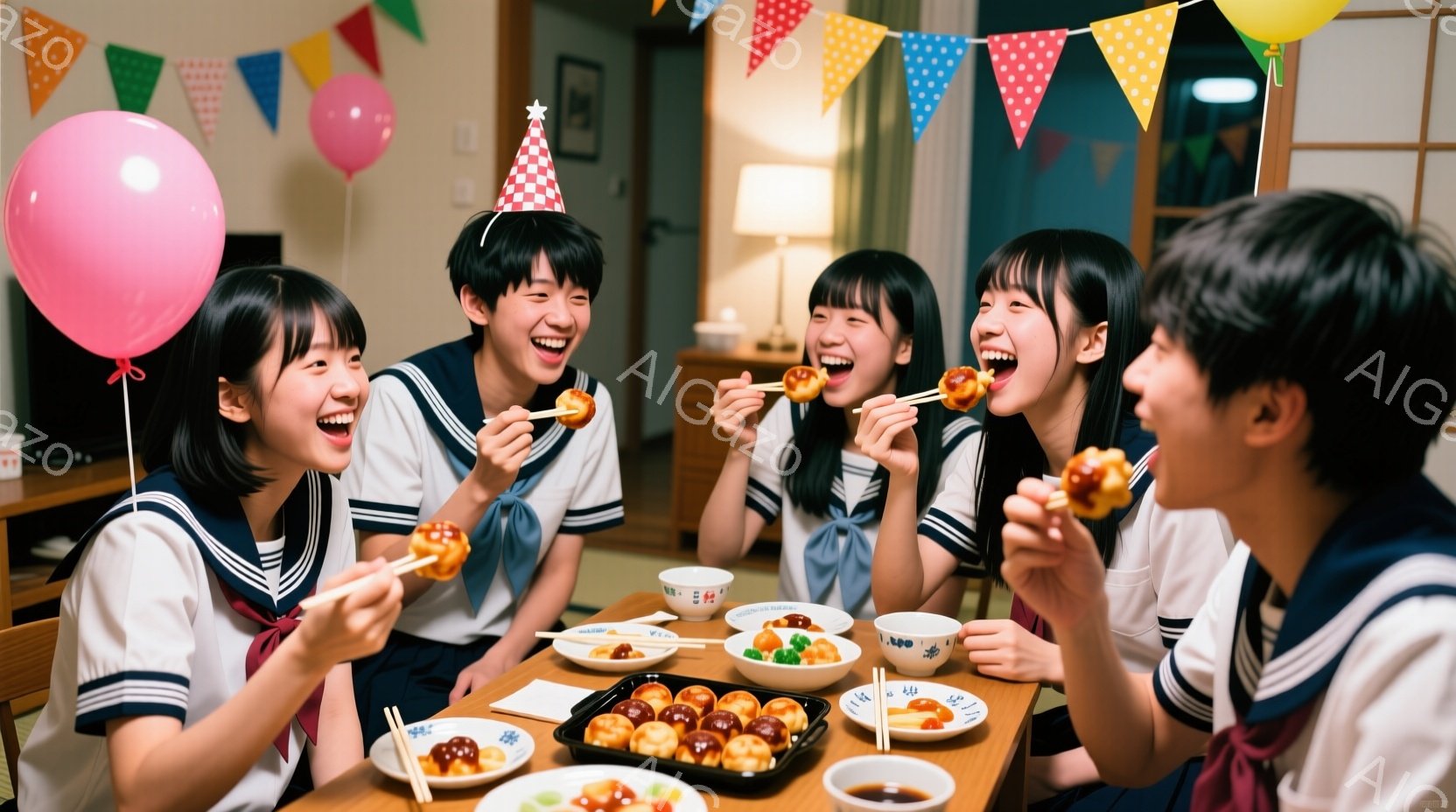 制服を着た男女5人がテーブルを囲んで食事をしている写真です。皆、笑顔で串に刺された食べ物を箸でつかみ、楽しそうに食事をしています。背景にはカラフルなガーランドや風船があり、部屋全体が明るく、お祝いの雰囲気が漂っています。