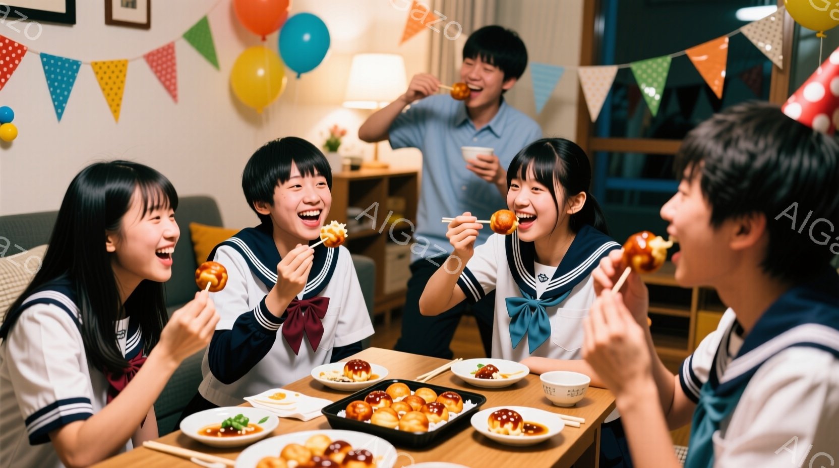 複数の学生が食卓を囲み、たこ焼きを楽しんでいる様子が写っています。彼らは皆、制服を着ており、笑顔でたこ焼きを頬張る姿から、明るく楽しい雰囲気が伝わってきます。背景には風船やガーランドが飾られており、誕 - AI生成フリー素材