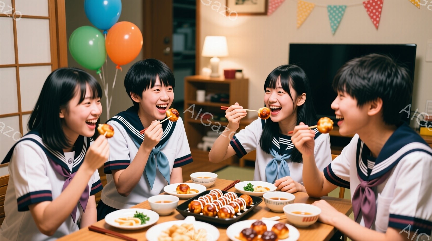 紺色のリボンとセーラー服を着た女子高生4人が、テーブルを囲んで食事を楽しんでいます。皆笑顔で、串に刺された食べ物を箸で持ち上げています。背景にはテレビや棚があり、誕生日やパーティーのような、明るく楽しい雰囲気が漂っています。