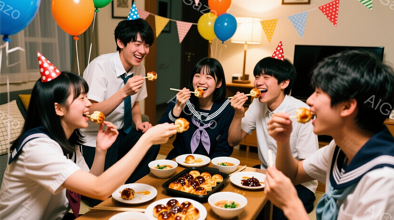 5人の若者がテーブルを囲んでたこ焼きを楽しんでいる様子が写っている。彼らは皆、制服のような服装で、髪型も様々だが、皆笑顔で楽しんでいる。背景にはカラフルな風船やガーランドがあり、室内は温かく明るい雰囲気で、誕生日やパーティーのようなイベントのようだ。
