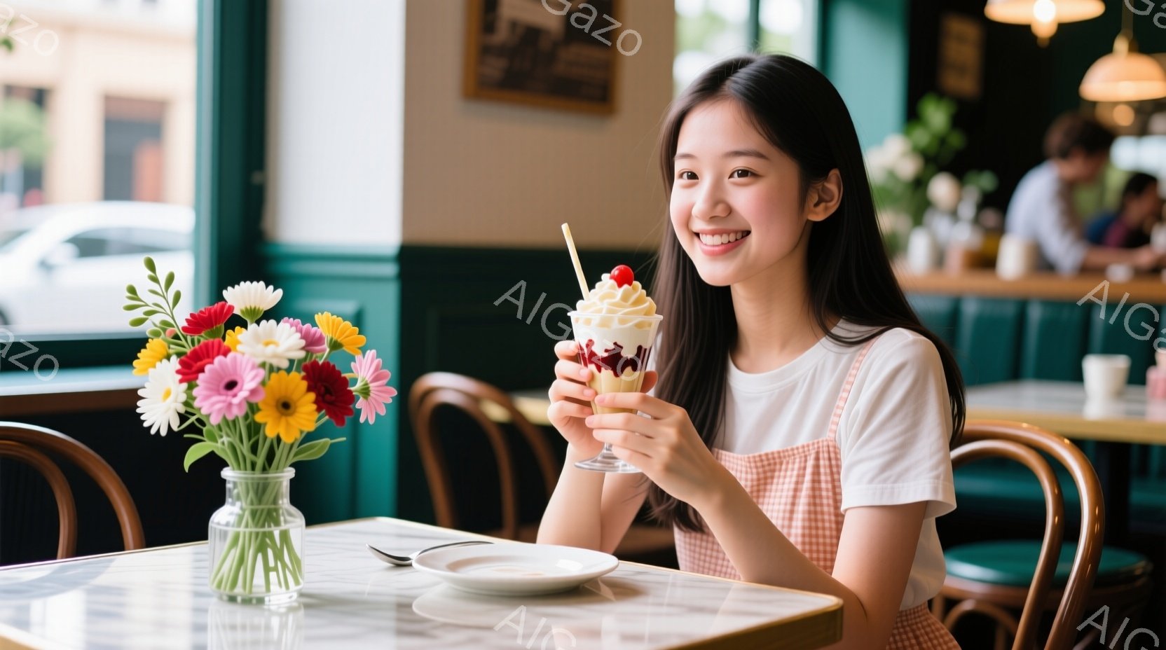 若い女性がカフェでアイスクリームを楽しんでいます。彼女は白いTシャツとピンク色のエプロン姿で、長い黒髪は肩にかかっています。背景には、窓の外の建物や緑、そして他のカフェの客が見え、明るく温かい雰囲気が漂っています。