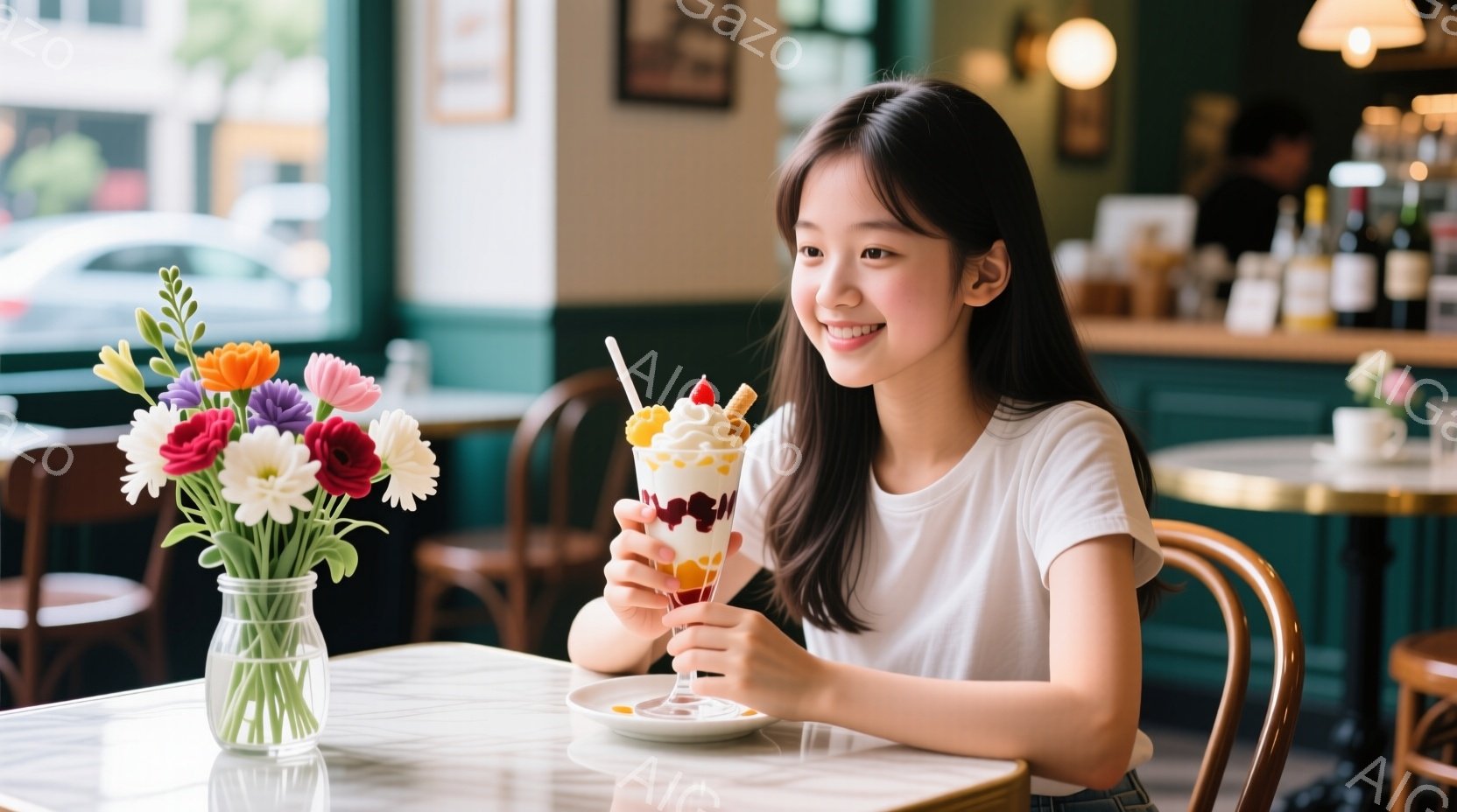 若い女性が、カラフルなパフェを両手で抱えて微笑んでいます。白いTシャツを着ており、長くストレートな黒髪が肩にかかっています。背景には、花が飾られたテーブルと、カフェのような薄暗い内装が見え、穏やかでリラックスした雰囲気が漂っています。