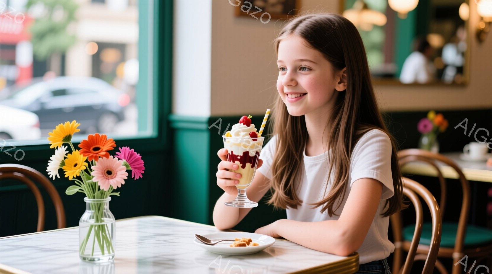 金髪の少女が、クリームとベリーが飾られたデザートグラスを持っています。彼女は白いTシャツを着ており、長い髪は自然に肩にかかっています。背景には、テーブル、椅子、花瓶に生けられた花、そして窓の外の建物が見え、明るく温かいカフェの雰囲気です。