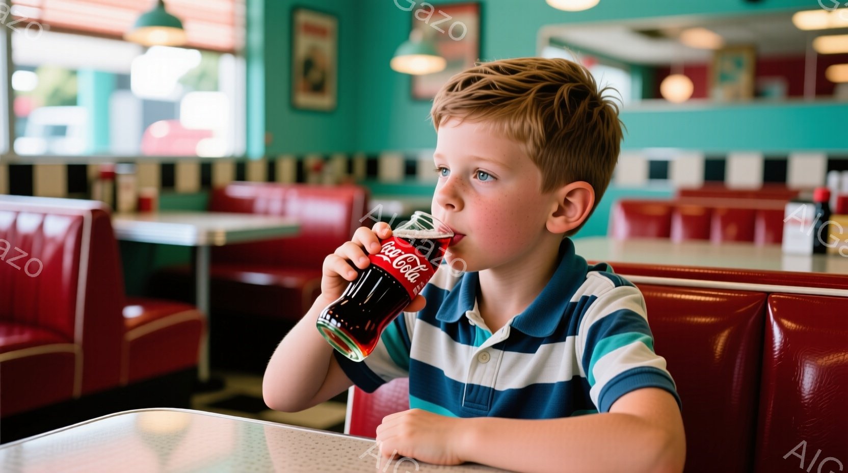 赤毛の少年が縞模様の青いポロシャツを着て、赤いブース席に座り、コカ・コーラを飲んでいます。彼の表情はリラックスしており、少し微笑んでいるように見えます。背景にはレトロな雰囲気のダイナーのインテリアが見え、全体的に懐かしい雰囲気です。