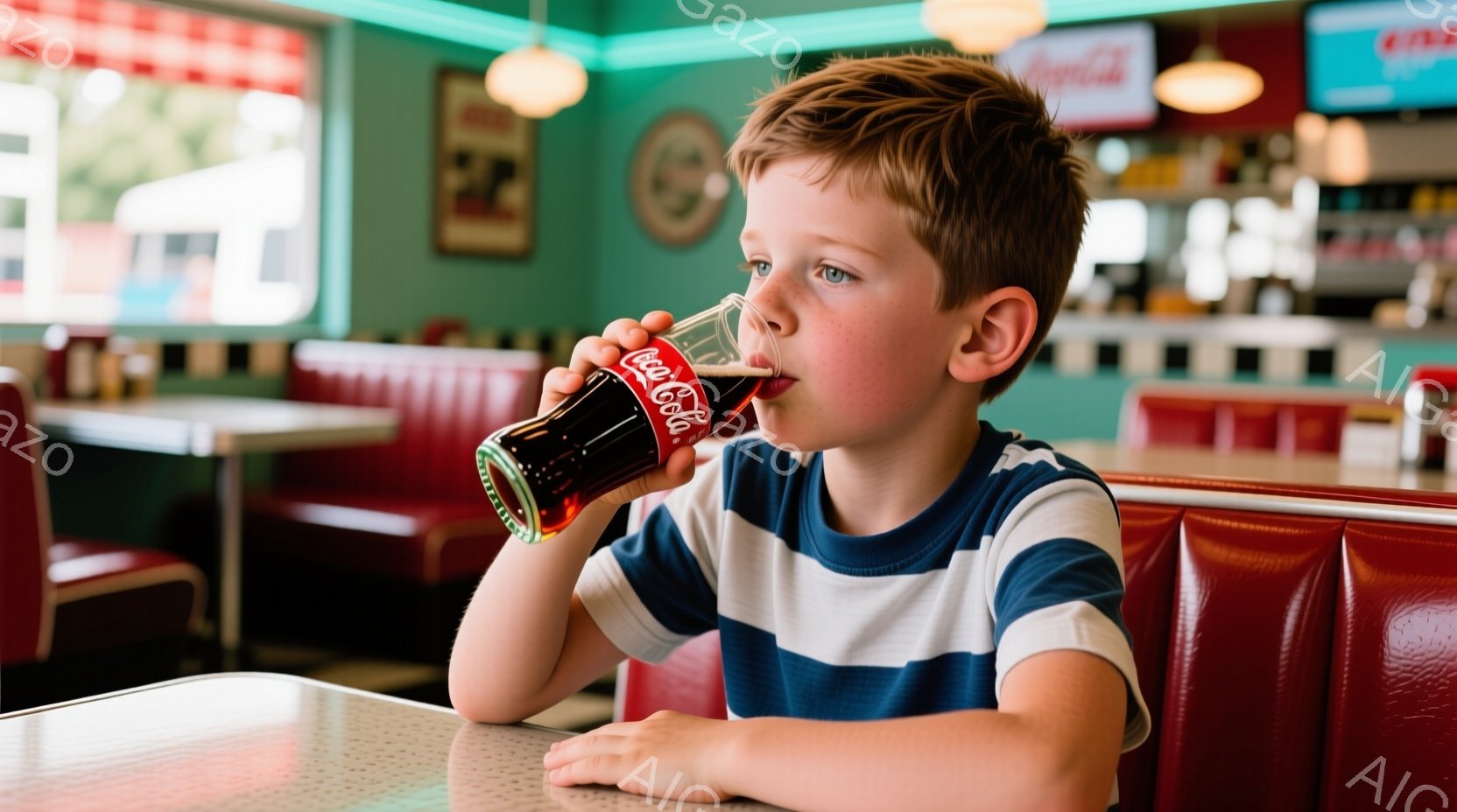 赤毛の少年が、ストライプの青と白のTシャツを着て、コカ・コーラのボトルから飲み物を飲んでいます。彼は赤いビニールのシートに座り、少し上目遣いでどこかを見つめており、表情はリラックスしています。背景には、レトロな雰囲気のダイナーのインテリアが見え、赤い椅子とカウンター、そして青い照明が特徴的で、どこか懐かしい雰囲気を醸し出しています。