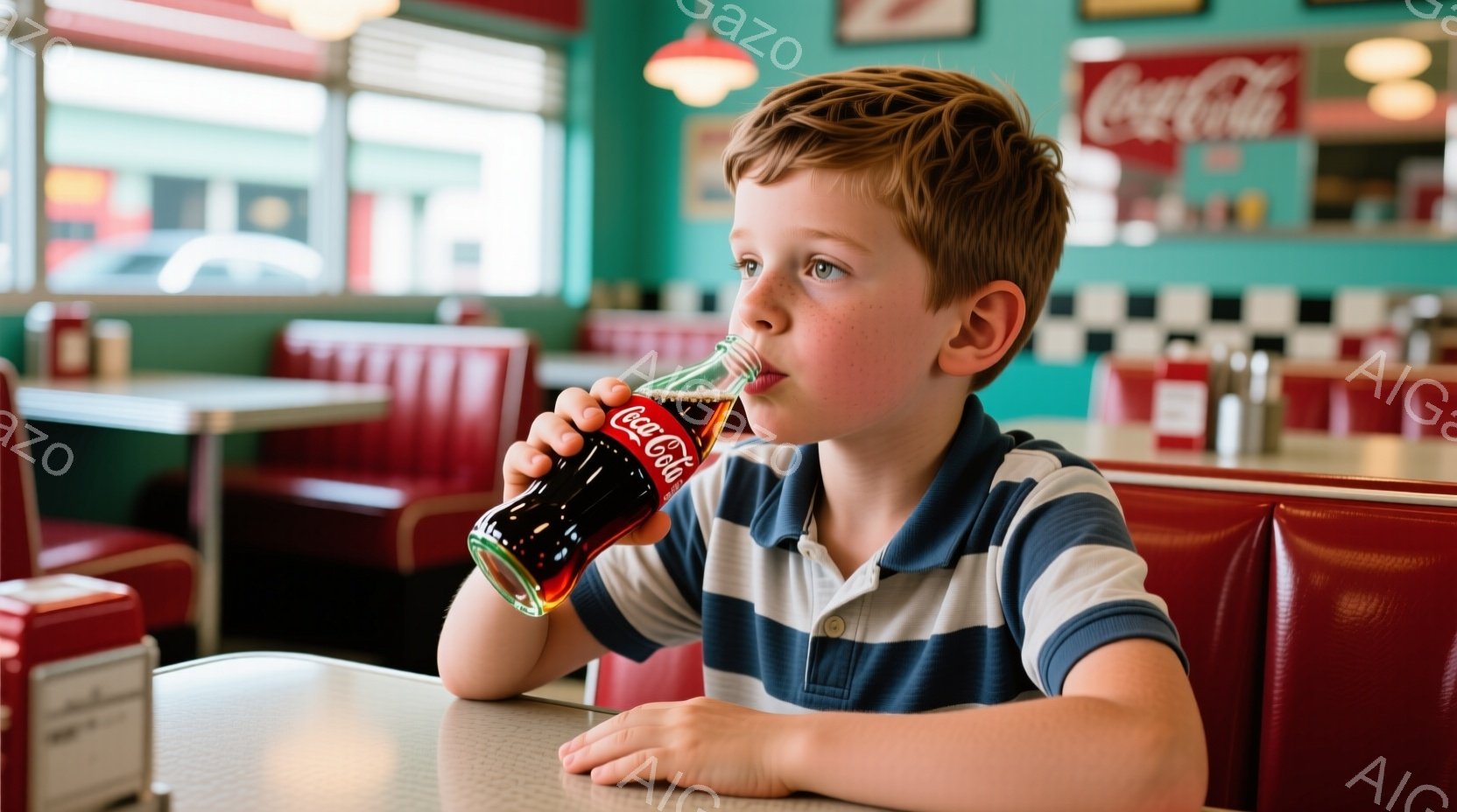 赤毛の少年が、レトロなダイナーでコーラを飲んでいます。彼は縞模様のポロシャツを着ており、少し緊張した表情をしています。背景には赤いビニール張りのブース席、チェック柄の床、そしてコカ・コーラの広告があり、1950年代のアメリカの雰囲気を醸し出しています。