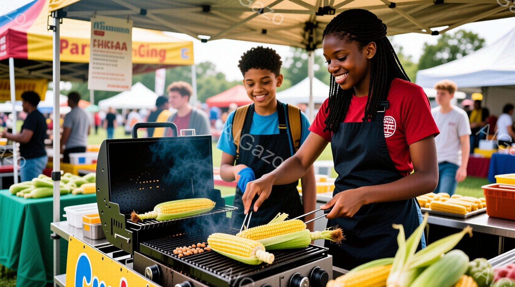 屋台でコーンを焼いている女性と少年が写っています。女性は赤いエプロンと編み込みヘアで、笑顔でコーンを焼いています。背景には緑豊かな自然と、他の屋台や人々が見え、晴れた日の賑やかなイベントの雰囲気を感じ - AI生成フリー素材