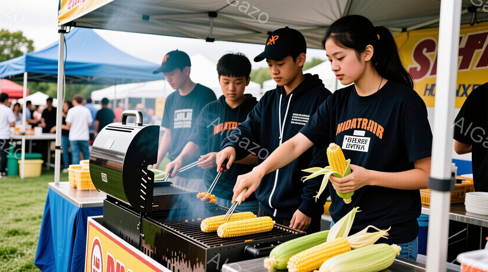 紺色のTシャツを着た少年と少女が、屋外のバーベキューグリルでトウモロコシを焼いている様子が写っている。少年は黒いキャップを被り、真剣な表情でトウモロコシに何かを塗っている。背景には青いテント、緑の芝生、そして他の人々がぼやけて見え、晴れた日の賑やかなイベントの雰囲気が伝わる。