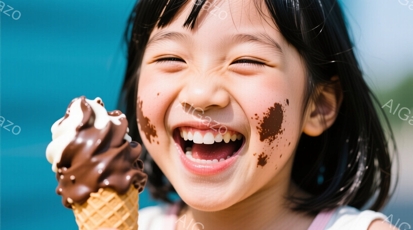 茶髪の女の子がアイスクリームを片手に持ち、満面の笑みを浮かべている。頬にはチョコレートソースが少し付いており、明るいピンク色の服を着ている。背景は水色で、全体的に快活で楽しい雰囲気が伝わってくる。