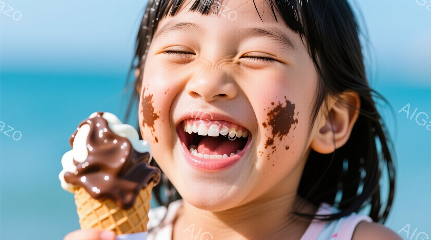 黒髪を肩まで伸ばした幼い少女が、チョコレートアイスクリームを大きく口を開けて楽しんでいます。頬や鼻にアイスクリームが付いており、満面の笑みを浮かべ、とても幸せそうな表情をしています。背景は鮮やかな青い空と海で、夏の晴れた日という雰囲気が伝わってきます。