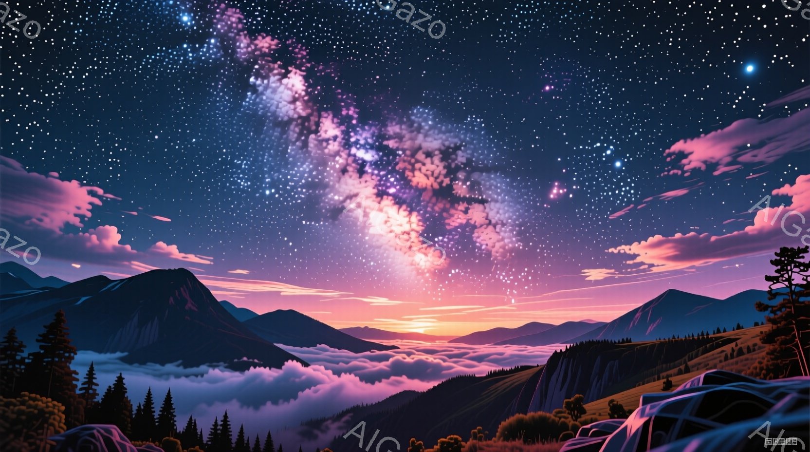 紺碧の山々が雲海からそびえ立ち、空にはピンクと紫が混ざり合った壮大な天の川が広がっている。山肌は暗く影が落ち、木々のシルエットが雲海から顔を出す様子が描かれている。この幻想的な風景は、静寂と神秘に満ちた、息をのむような美しさを感じさせる。