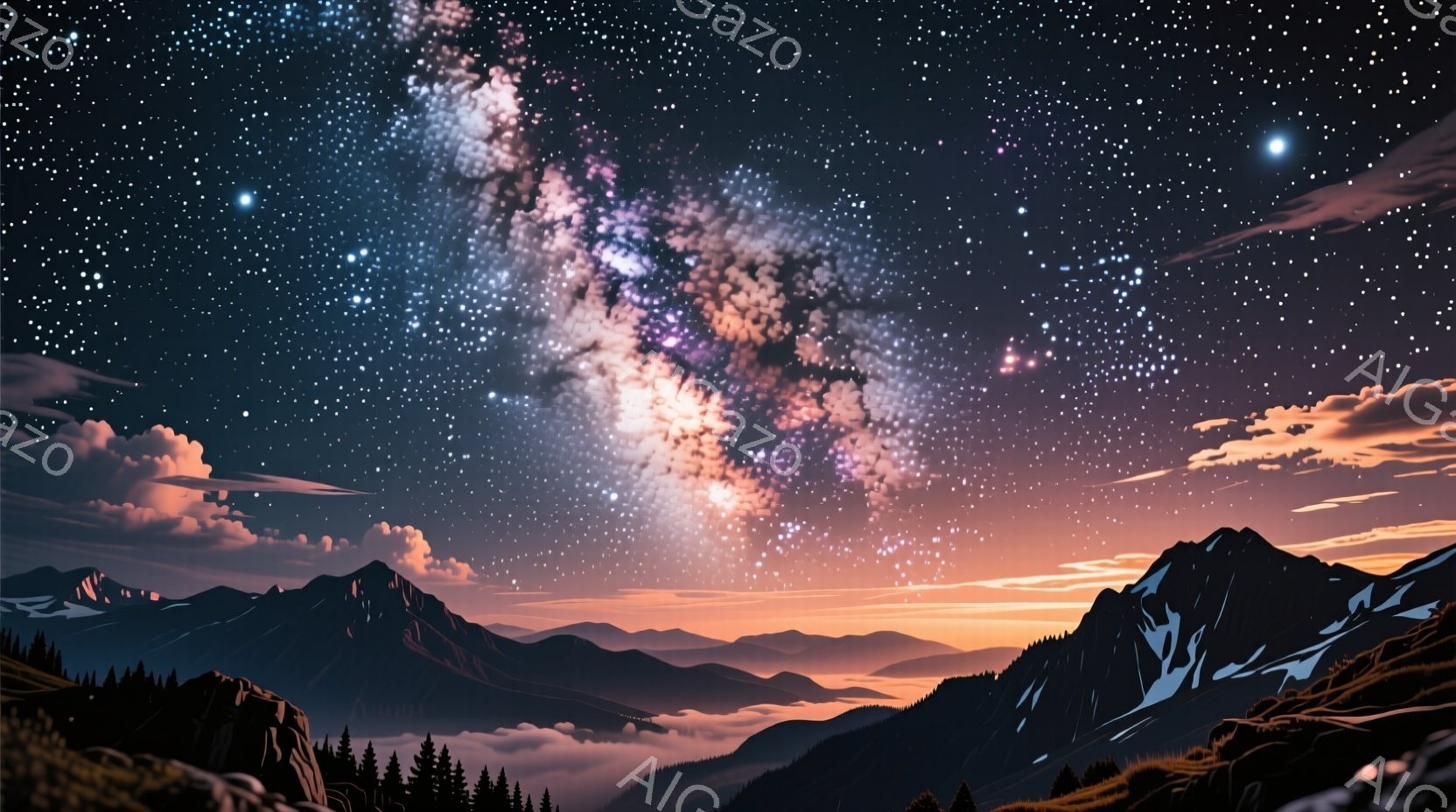 夜空には天の川が輝き、山々のシルエットが連なっている。山腹には深い霧が立ち込め、まるで海の上に浮かぶ島々のように見える。全体的に静寂で神秘的な雰囲気が漂い、壮大な自然の美しさを感じさせる。