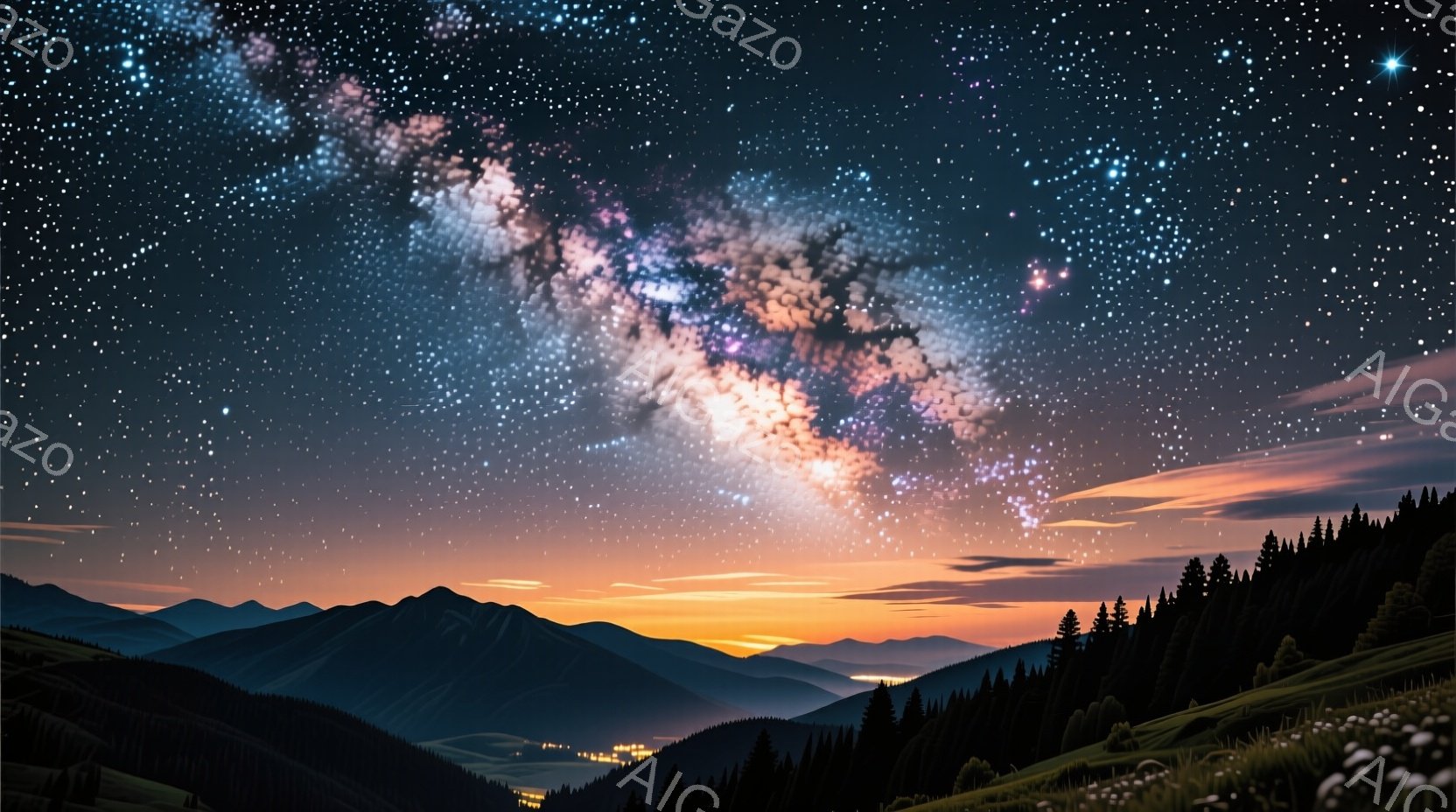 深い青色の夜空には、ミルキーウェイ銀河が壮大に広がっており、オレンジ色の地平線がぼんやりと見える。鬱蒼とした針葉樹林と、遠くに見える光を灯した小さな集落が、暗いシルエットとなって地平線を形作っている。 - AI生成フリー素材
