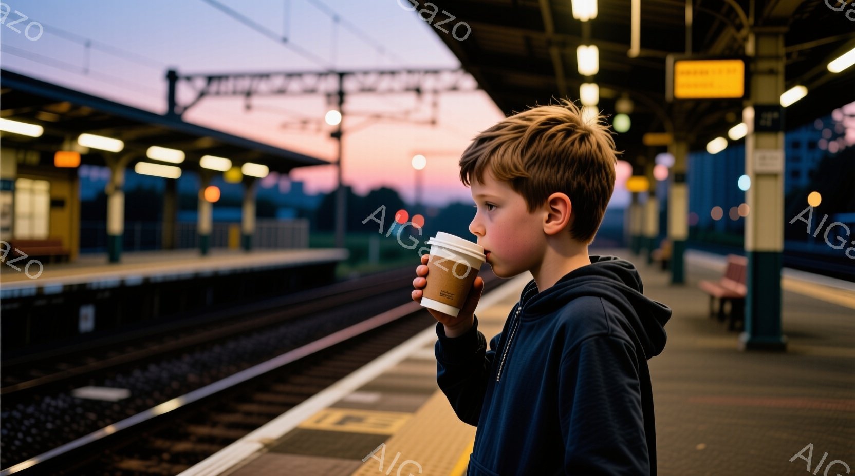 少年は駅のプラットフォームで紙コップに入った飲み物を飲んでいます。彼は青いパーカーを着ており、少しカールした茶色の髪をしています。背景には線路とぼやけた駅の構造物、そして夕焼け空が広がり、全体的に穏や - AI生成フリー素材