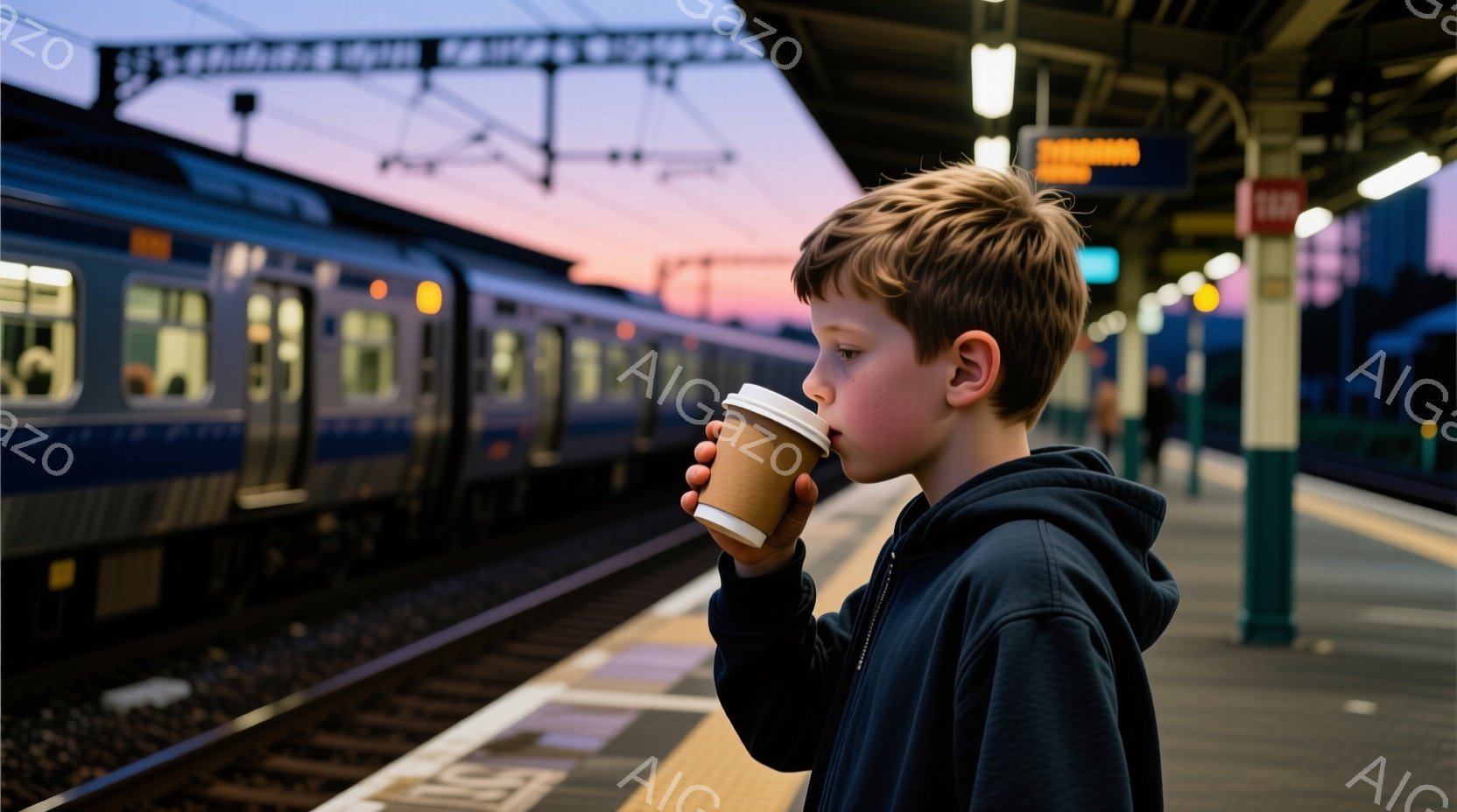 少年は駅のプラットフォームで紙コップを持って何かを飲んでいます。彼は濃い青のパーカーを着ており、明るい茶色のカールした髪を持っています。背景には電車が停車しており、夕焼け空が広がって、少し寂しげで穏やかな雰囲気を作り出しています。