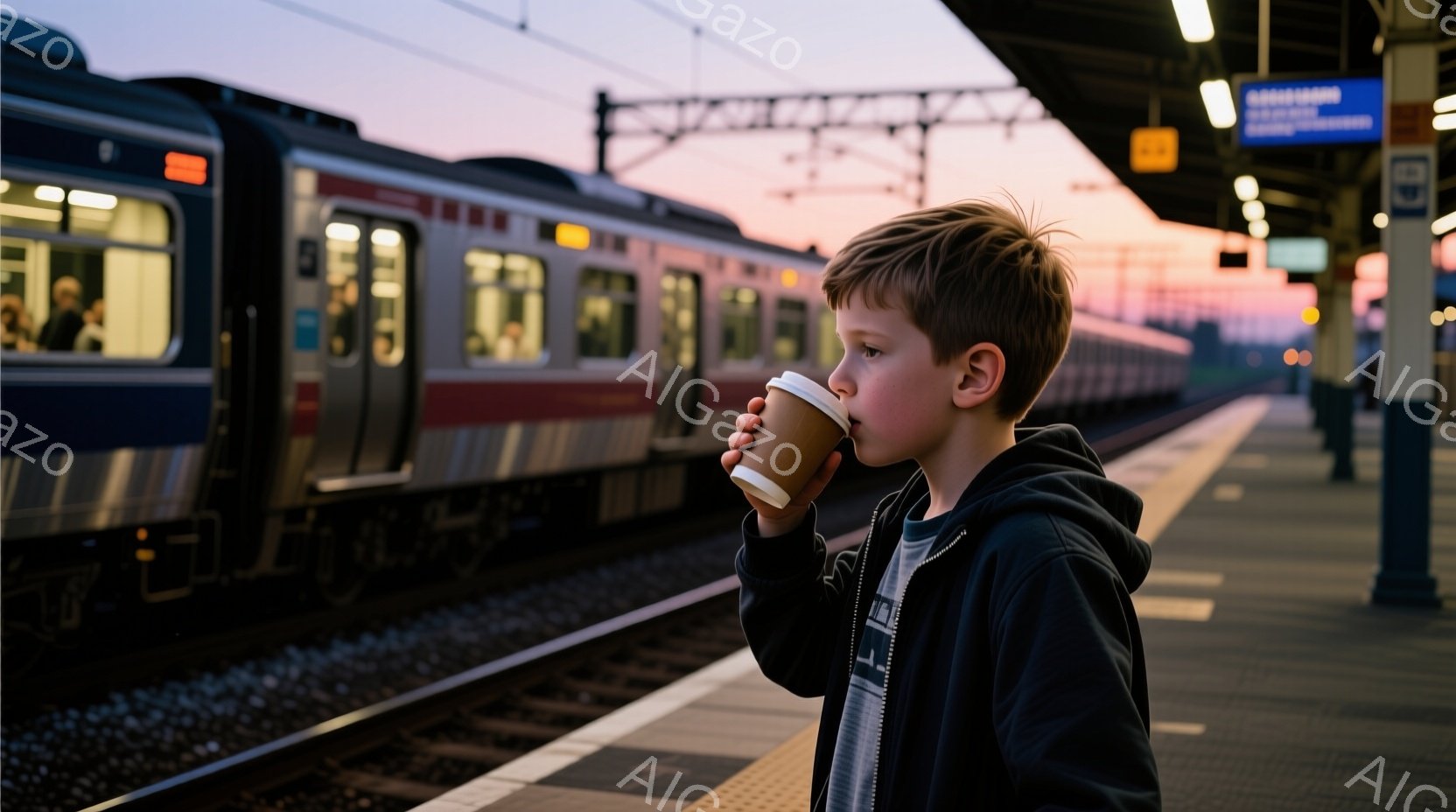 茶髪の少年が駅のプラットフォームで紙コップに入った飲み物を飲んでいます。彼はフード付きのジャケットと縞模様のシャツを着ており、少し顔を傾けています。背景には、ぼやけた列車の車両と、夕焼けのようなオレンジ色の空が広がっています。