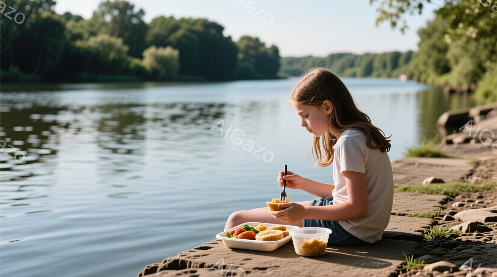 金髪の少女が河岸に座り、フォークで食事をしている。彼女は白いTシャツとジーンズを身につけ、髪は肩まで伸びている。背景には、緑豊かな木々と穏やかな水面が広がり、晴れた日の平和な雰囲気を醸し出している。