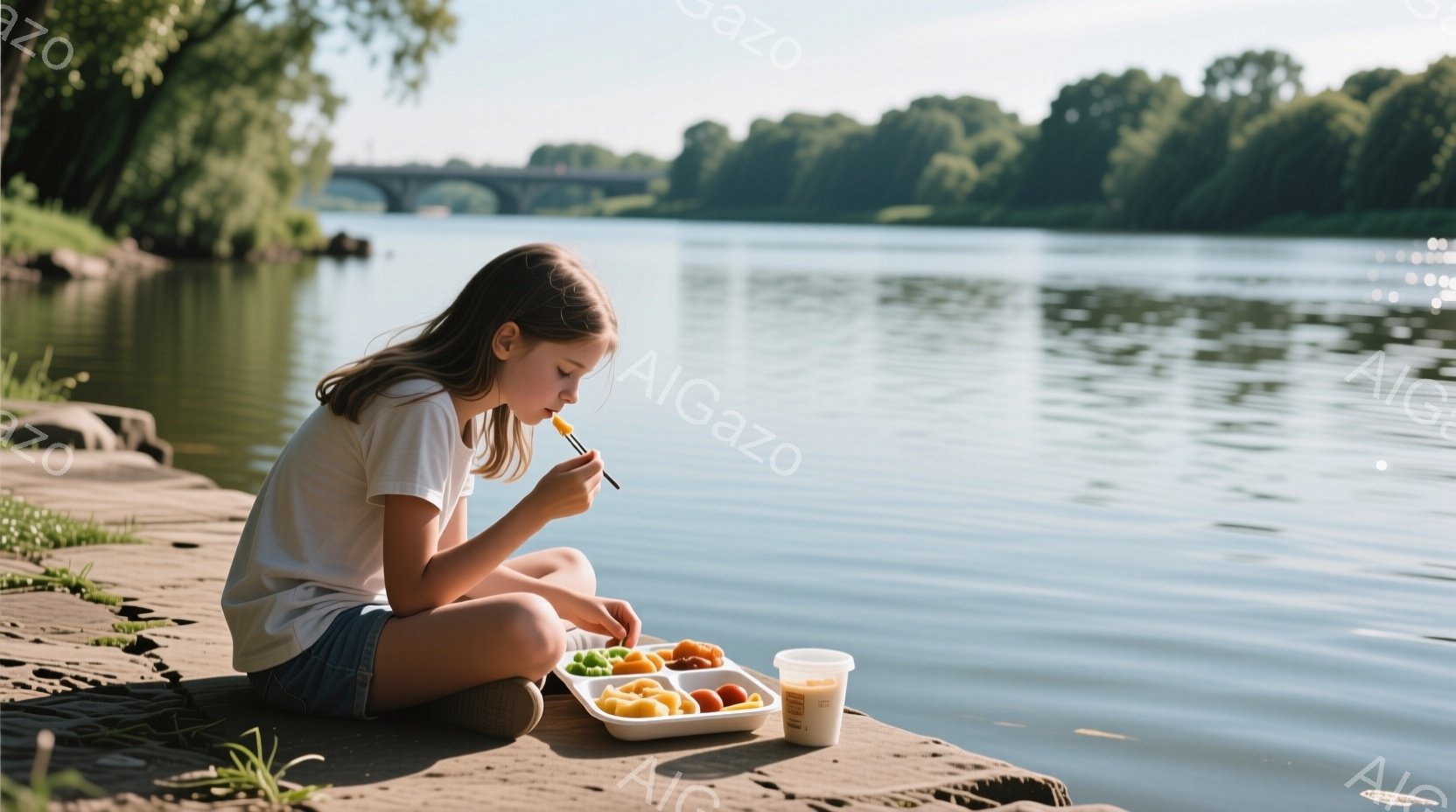 若い女の子が桟橋に座って食事をしている。彼女は白いTシャツとショートパンツを着ており、長い髪は後ろで結ばれている。背景には穏やかな水面と緑豊かな木々が広がり、晴れた日の静かで平和な雰囲気が漂っている。