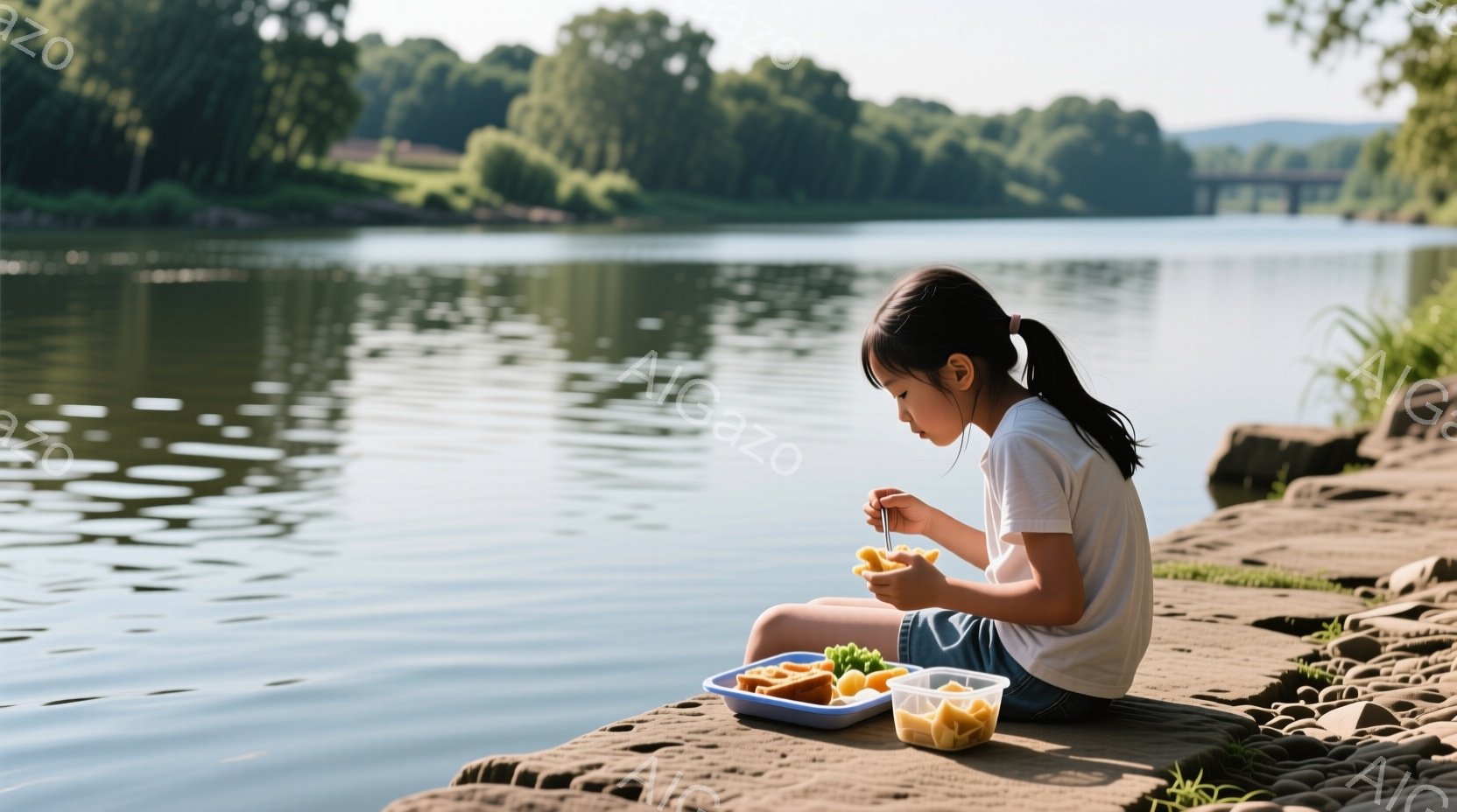 少女は、土色の岩の上に座り、プラスチックの弁当箱から何かを箸でつまんで食べている。彼女は白いTシャツと水色のショートパンツを着ており、黒い髪を後ろで一つに結んでいる。背景には穏やかな水面と緑豊かな木々 - AI生成フリー素材